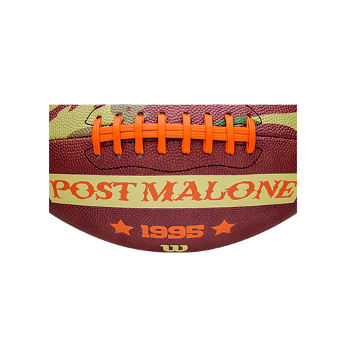 Brown camo Post Malone merch football with bold logo text and 1995 detail on front official Wilson fan gear