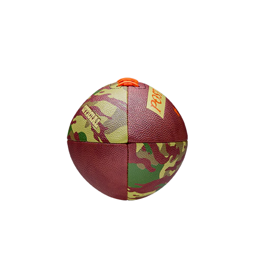 Brown camo Post Malone merch football side view showing panel stitching and camouflage design official fan gear