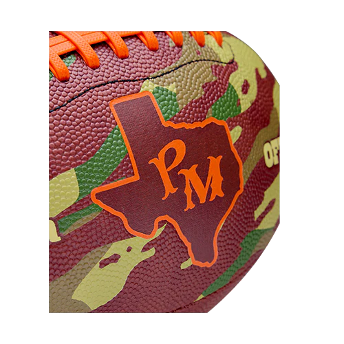 Brown camo Post Malone merch football close up of Texas PM logo graphic with textured surface official fan gear