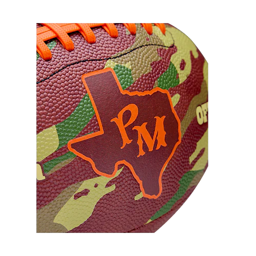 Brown camo Post Malone merch football close up of Texas PM logo graphic with textured surface official fan gear