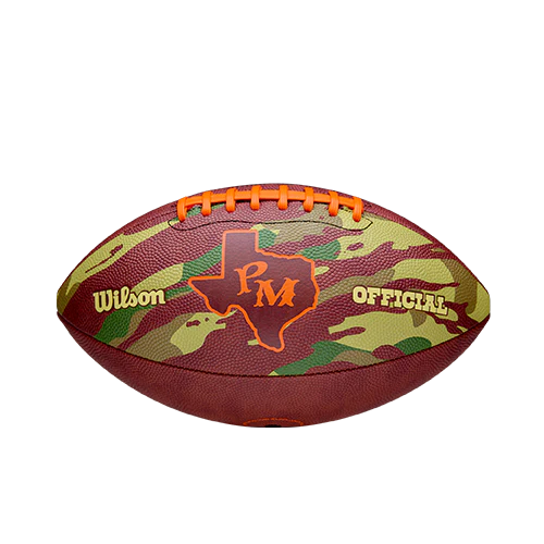 Brown camo Post Malone merch football featuring Texas PM logo graphic and orange laces on front official fan gear