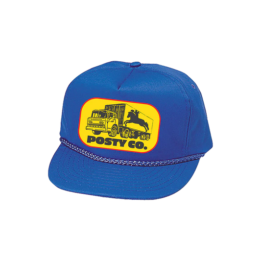 Blue Post Malone merch hat featuring Posty Co truck and horse graphic on front bold streetwear fan apparel