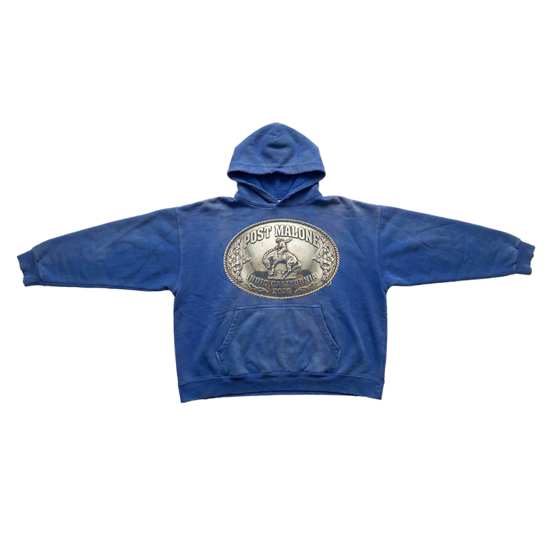 Blue Post Malone merch hoodie with western buckle logo and Indio California 2026 graphic on front streetwear fan apparel