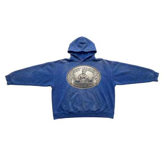 Blue Post Malone merch hoodie with western buckle logo and Indio California 2026 graphic on front streetwear fan apparel