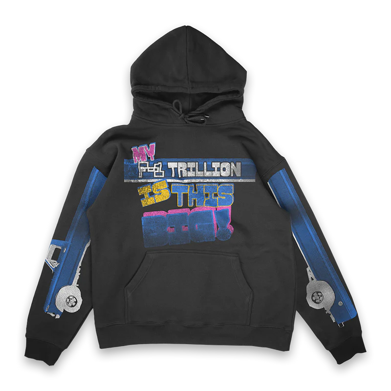 Black Post Malone merch hoodie featuring My F1 Trillion Is This Big graphic with bold text design on front streetwear fan apparel