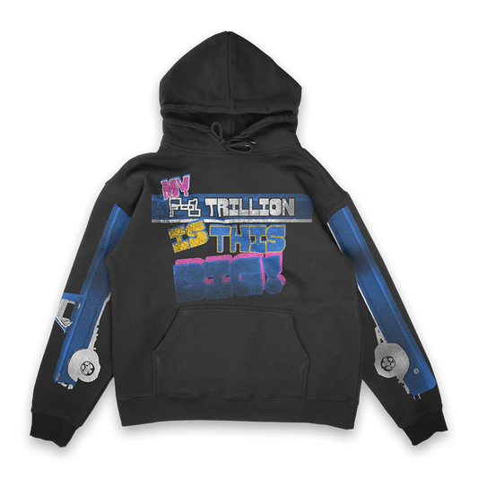 Black Post Malone merch hoodie featuring My F1 Trillion Is This Big graphic with bold text design on front streetwear fan apparel