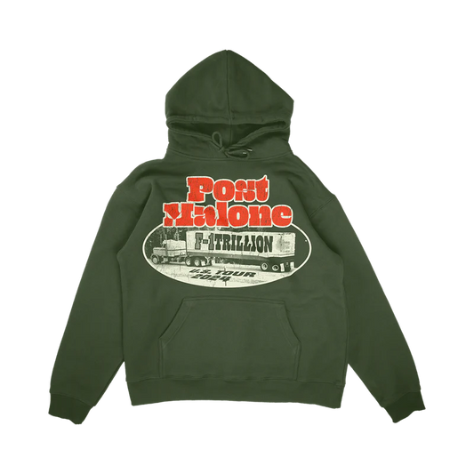Green Post Malone merch hoodie featuring F1 Trillion tour truck graphic and bold logo on front streetwear fan apparel