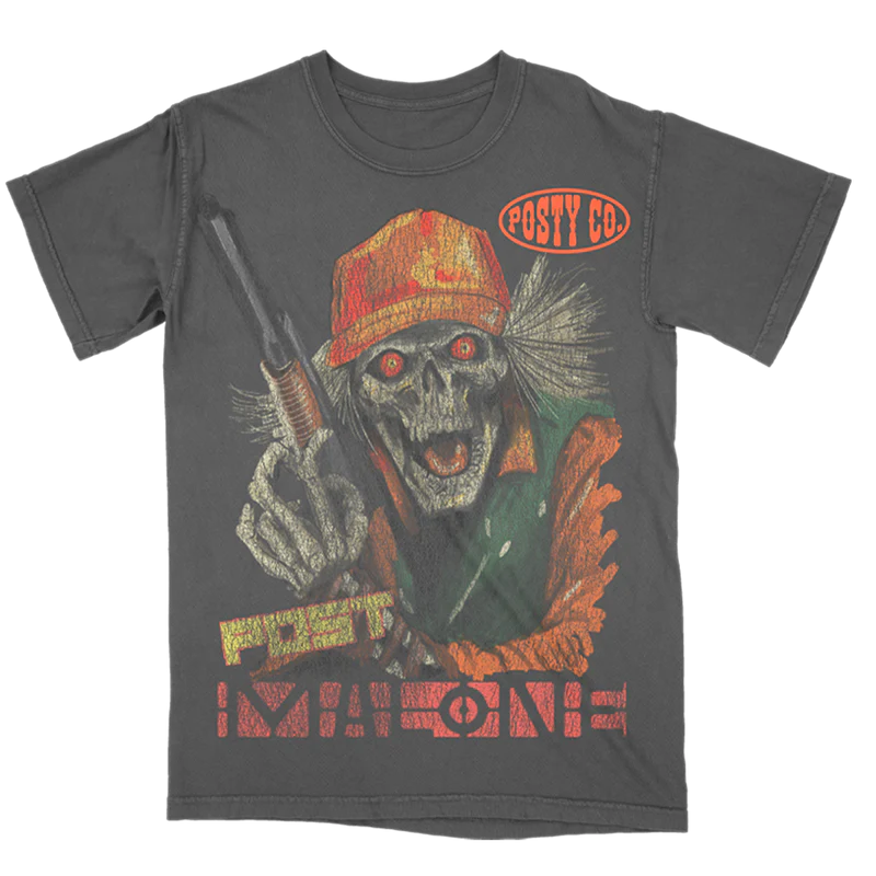 Charcoal Post Malone merch t-shirt featuring vintage hunter skull graphic artwork and Posty Co logo front print.