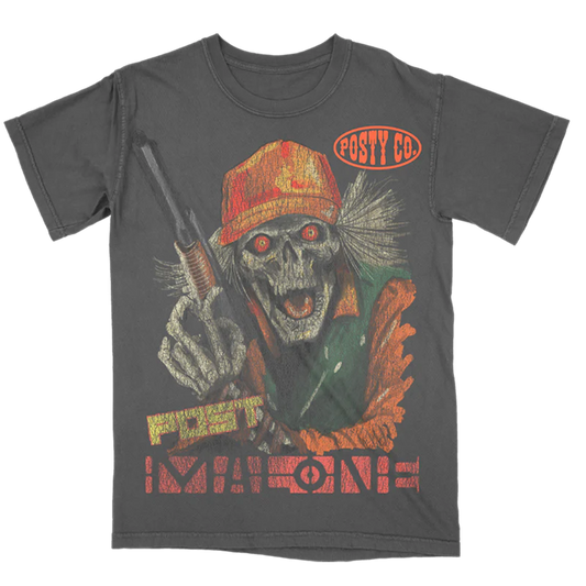 Charcoal Post Malone merch t-shirt featuring vintage hunter skull graphic artwork and Posty Co logo front print.
