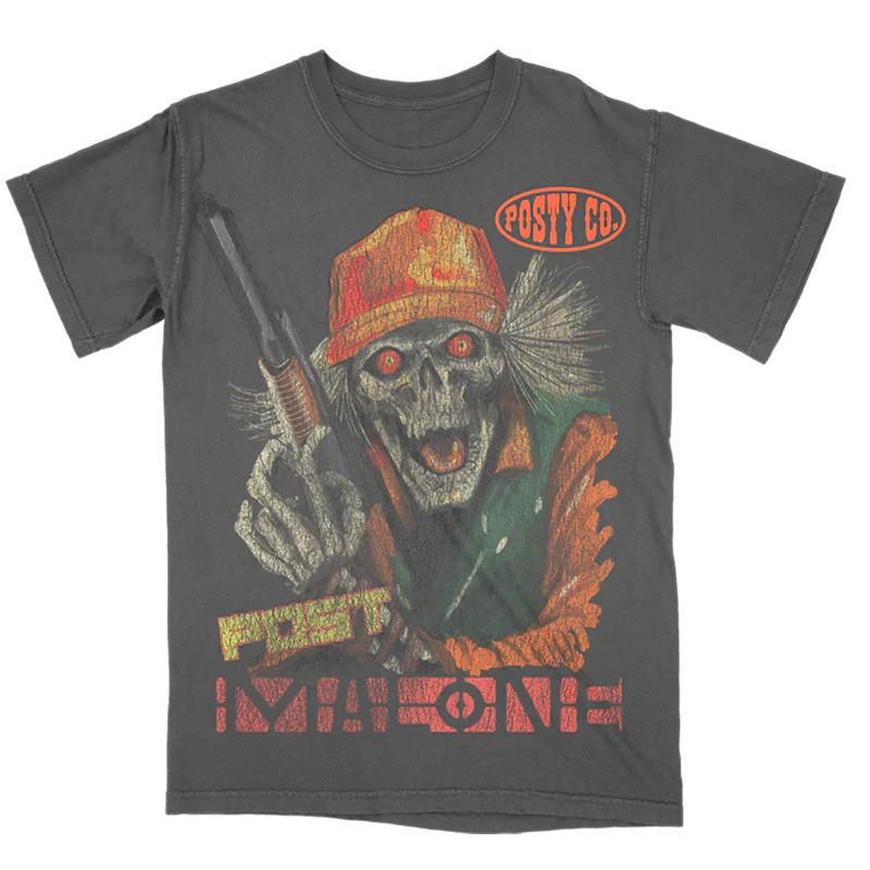 Charcoal Post Malone merch t-shirt featuring vintage hunter skull graphic artwork and Posty Co logo front print.