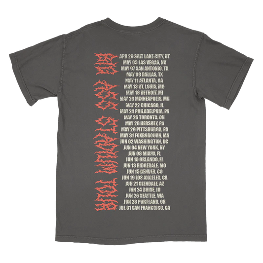 Charcoal Post Malone merch t-shirt with Big Ass Stadium Tour date list and distressed gothic back graphic print.