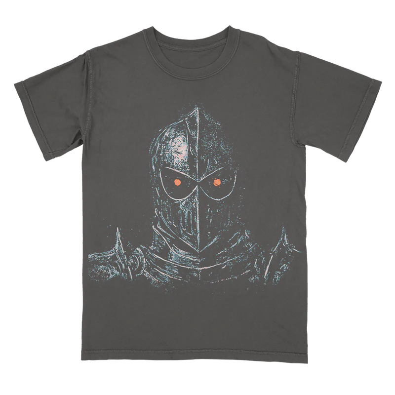 Charcoal Post Malone merch t-shirt featuring medieval knight graphic artwork with glowing eyes and vintage tour aesthetic.