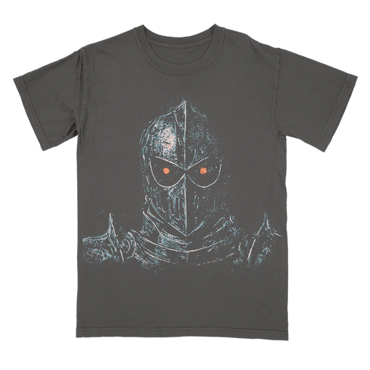 Charcoal Post Malone merch t-shirt featuring medieval knight graphic artwork with glowing eyes and vintage tour aesthetic.