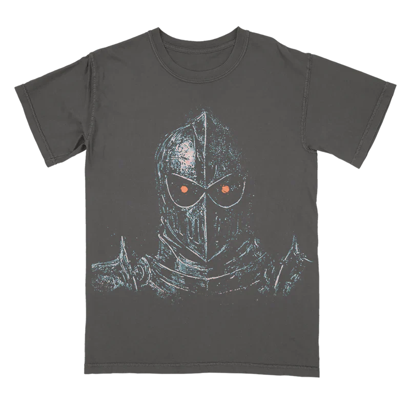 Charcoal Post Malone merch t-shirt featuring medieval knight graphic artwork with glowing eyes and vintage tour aesthetic.