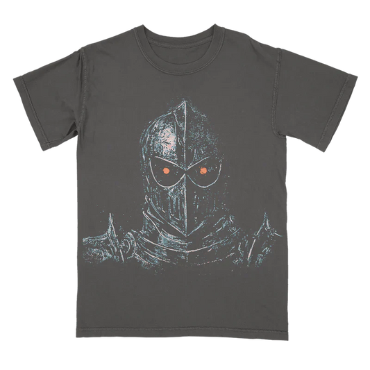 Charcoal Post Malone merch t-shirt featuring medieval knight graphic artwork with glowing eyes and vintage tour aesthetic.