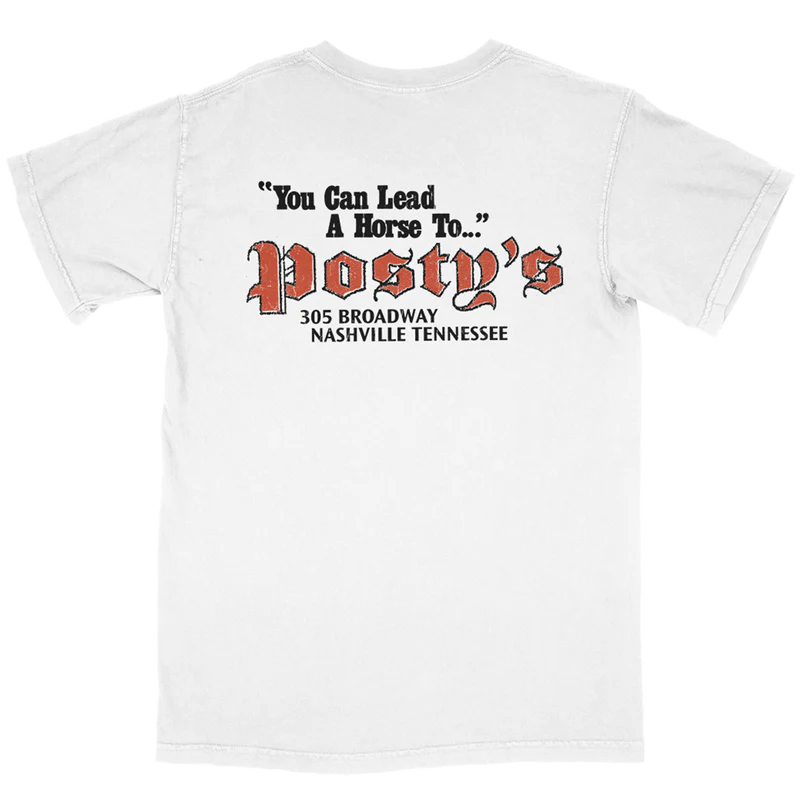 White Post Malone t shirt with You Can Lead A Horse To Posty’s Nashville Tennessee graphic on back