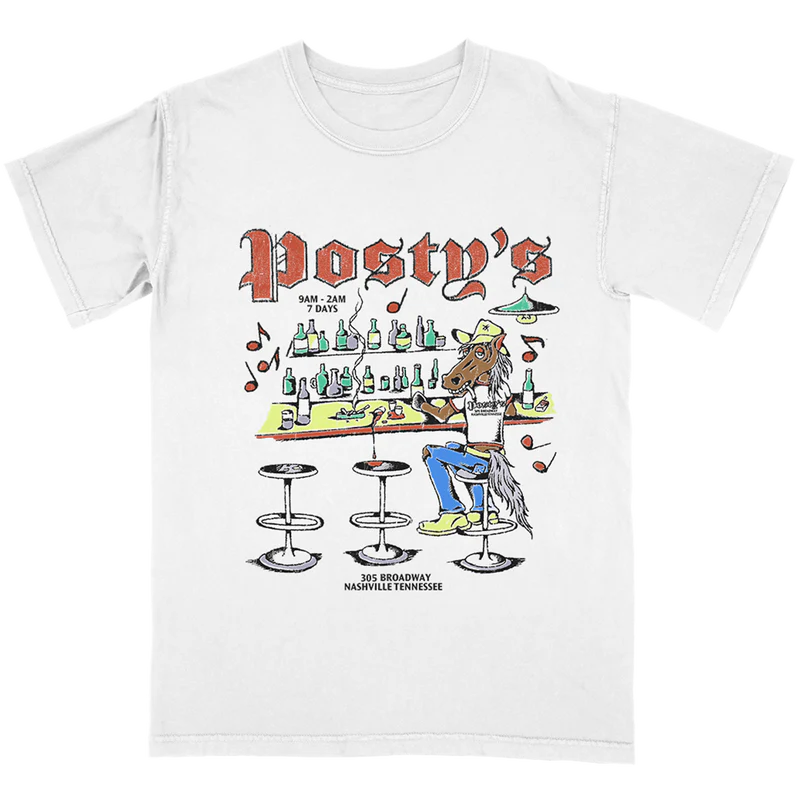 White Post Malone merch t shirt featuring cartoon horse bar graphic and Posty’s Nashville design on front