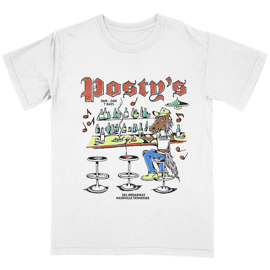 White Post Malone merch t shirt featuring cartoon horse bar graphic and Posty’s Nashville design on front