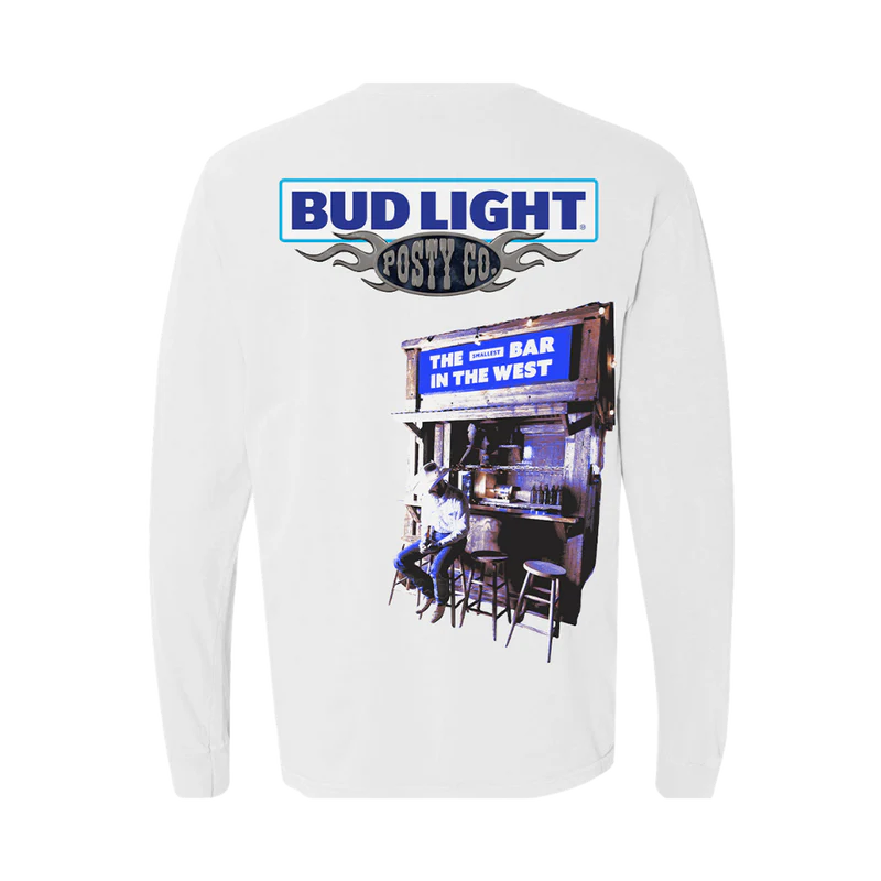 White Post Malone merch long sleeve with Bud Light logo and western bar scene graphic on back streetwear fan apparel