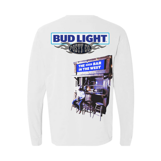 White Post Malone merch long sleeve with Bud Light logo and western bar scene graphic on back streetwear fan apparel