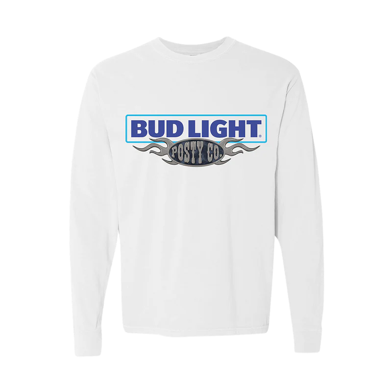 White Post Malone merch long sleeve featuring Bud Light and Posty Co logo graphic on front casual streetwear fan apparel
