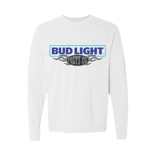 White Post Malone merch long sleeve featuring Bud Light and Posty Co logo graphic on front casual streetwear fan apparel