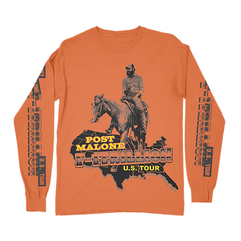 Orange Post Malone merch long sleeve featuring horse rider graphic and F1 Trillion US tour design on front streetwear apparel