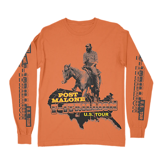 Orange Post Malone merch long sleeve featuring horse rider graphic and F1 Trillion US tour design on front streetwear apparel