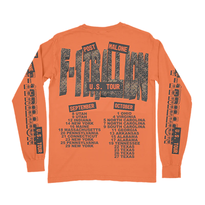 Orange Post Malone merch long sleeve with F1 Trillion US tour dates graphic on back official fan apparel streetwear