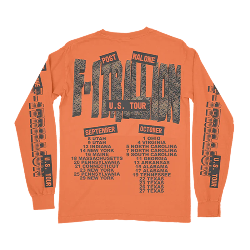 Orange Post Malone merch long sleeve with F1 Trillion US tour dates graphic on back official fan apparel streetwear
