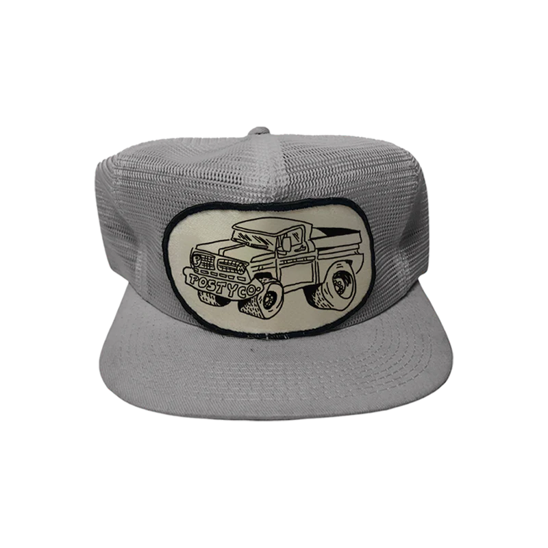 Grey Post Malone merch mesh trucker hat featuring Posty Co truck graphic patch on front breathable streetwear fan apparel