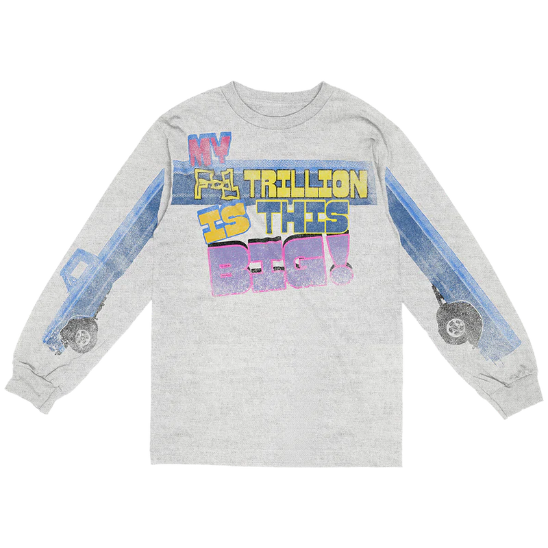 Gray Post Malone merch long sleeve featuring colorful F-1 Trillion slogan graphic and blue limo sleeve artwork front.