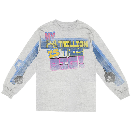 Gray Post Malone merch long sleeve featuring colorful F-1 Trillion slogan graphic and blue limo sleeve artwork front.