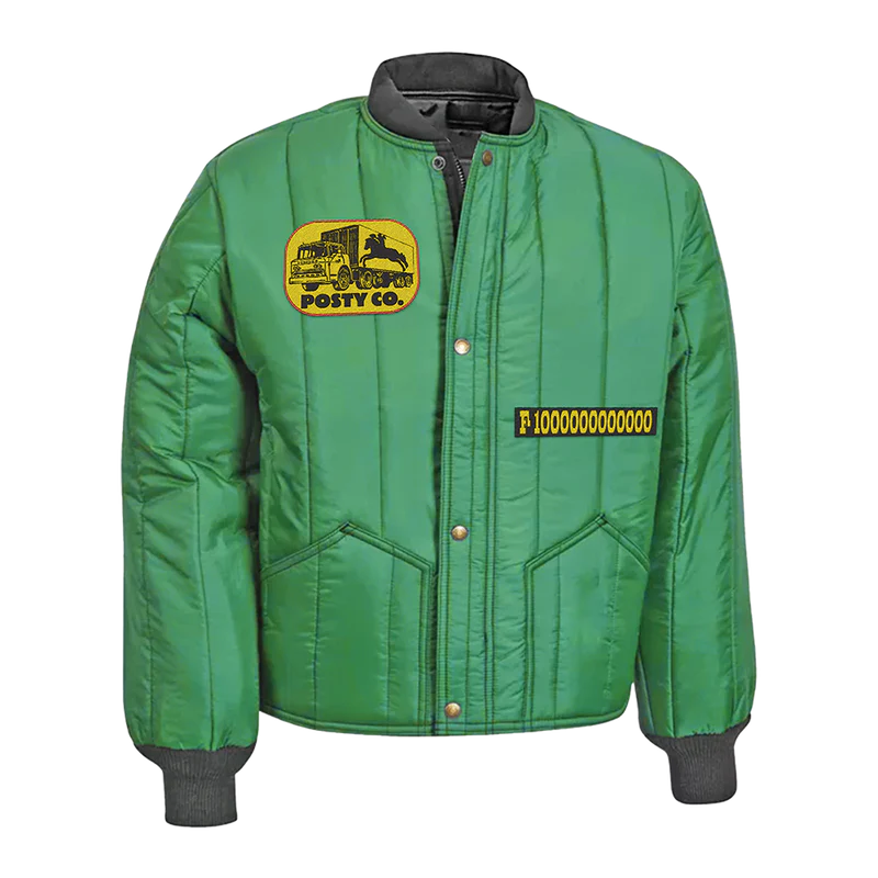 Green Post Malone merch padded jacket with Posty Co truck patch and F1 Trillion graphic on front streetwear fan apparel