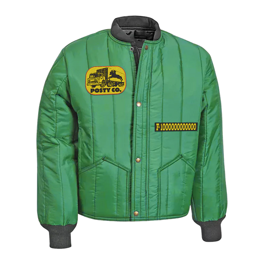 Green Post Malone merch padded jacket with Posty Co truck patch and F1 Trillion graphic on front streetwear fan apparel