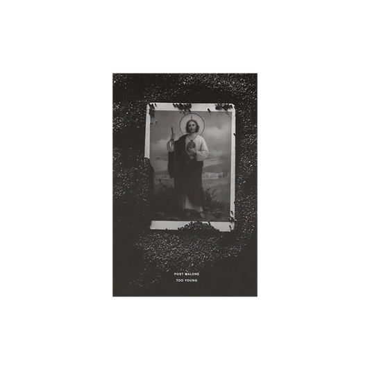 Black Post Malone merch poster featuring Too Young artwork with vintage portrait graphic on front collectible fan merchandise