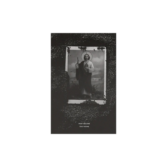 Black Post Malone merch poster featuring Too Young artwork with vintage portrait graphic on front collectible fan merchandise