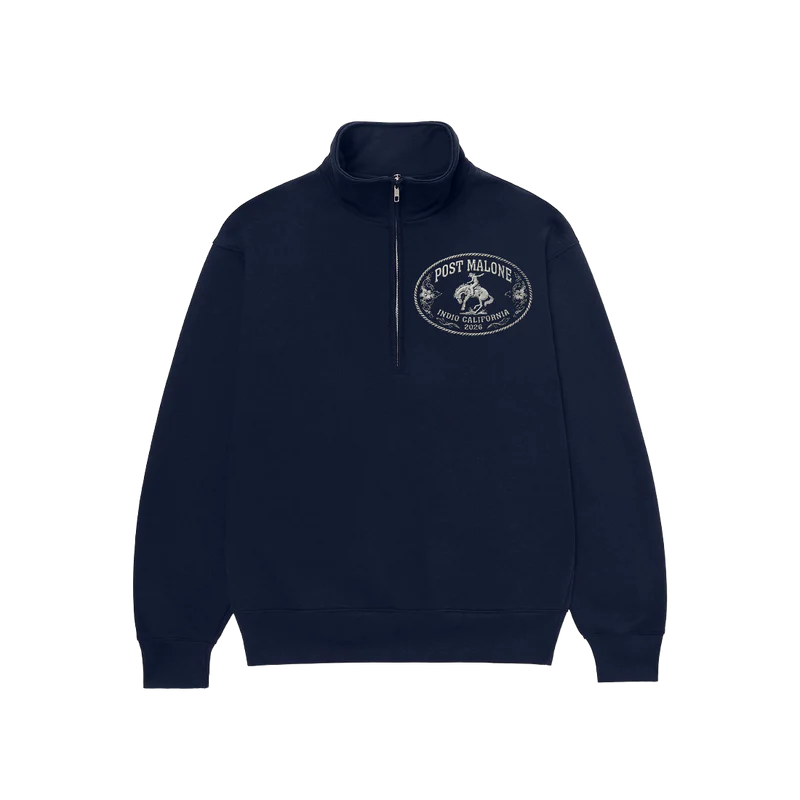 Navy Post Malone merch quarter zip sweatshirt with western buckle logo and Indio California 2026 design on front fan apparel