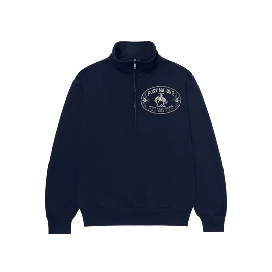 Navy Post Malone merch quarter zip sweatshirt with western buckle logo and Indio California 2026 design on front fan apparel