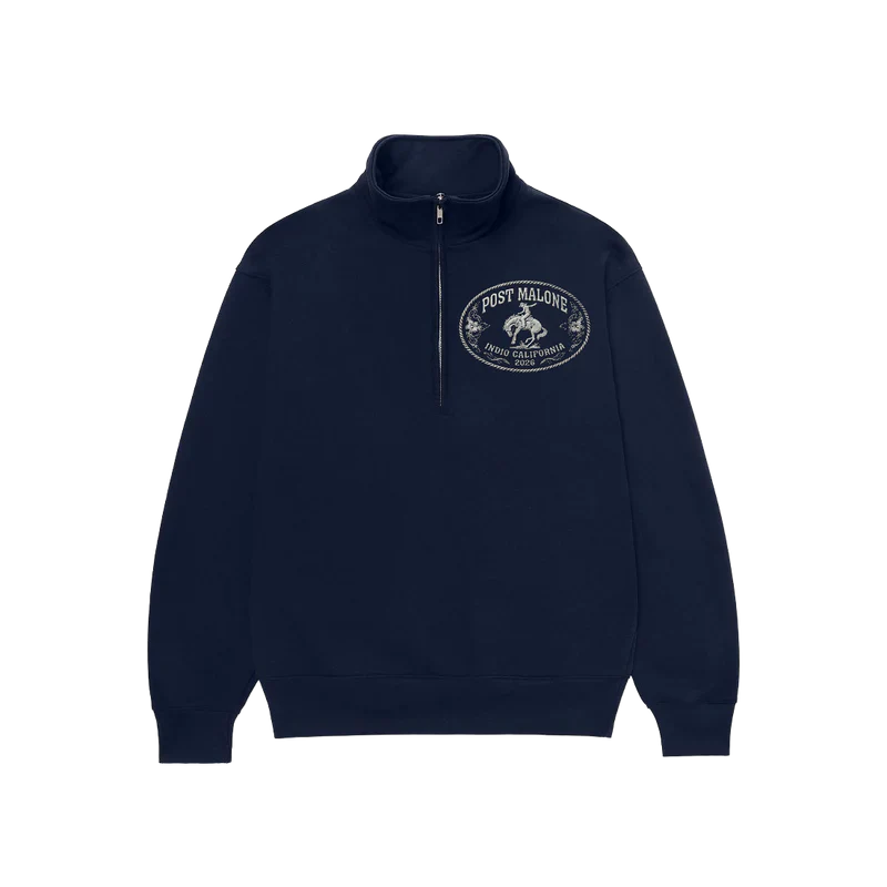 Navy Post Malone merch quarter zip sweatshirt with western buckle logo and Indio California 2026 design on front fan apparel
