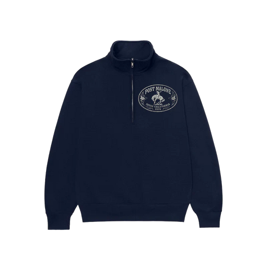 Navy Post Malone merch quarter zip sweatshirt with western buckle logo and Indio California 2026 design on front fan apparel