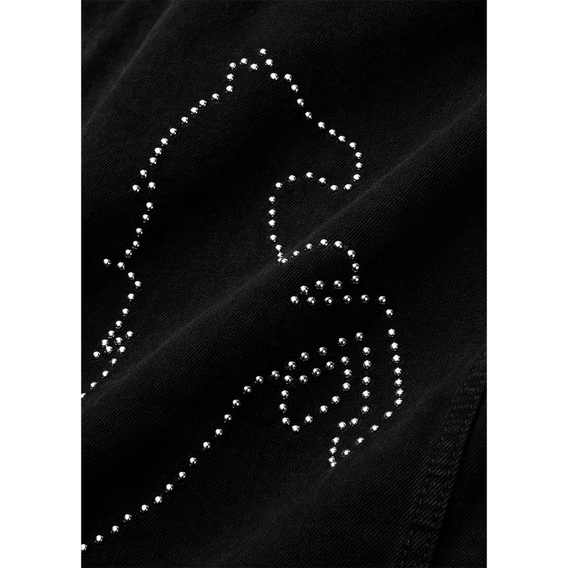 Closeup of black Post Malone merch denim vest featuring rhinestone horse graphic detail on premium fabric.