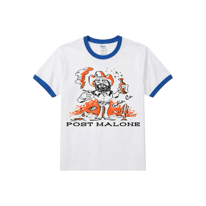 White Post Malone merch ringer t shirt with blue trim featuring cartoon cowboy graphic and Indio California design on front fan apparel
