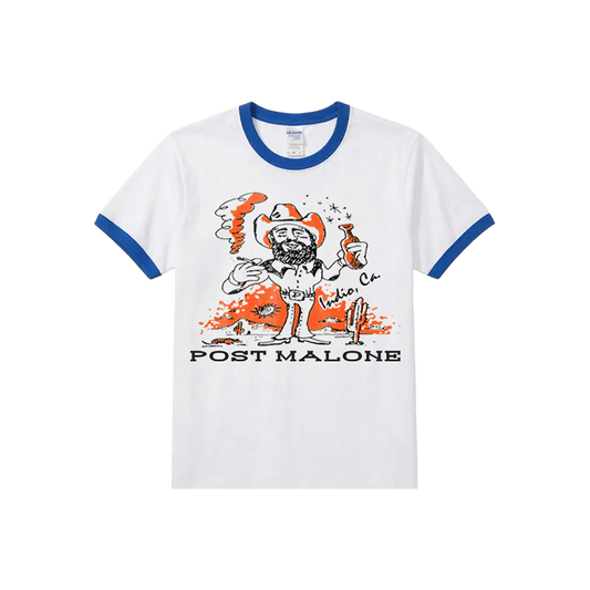White Post Malone merch ringer t shirt with blue trim featuring cartoon cowboy graphic and Indio California design on front fan apparel