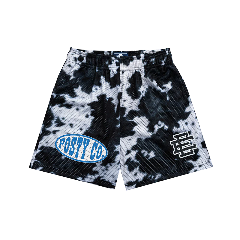 Black and white Post Malone merch shorts with Posty Co logo and Eric Emanuel graphic on front mesh streetwear fan apparel