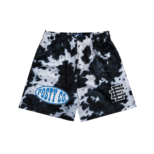Black and white Post Malone merch shorts with Posty Co logo and Eric Emanuel graphic on front mesh streetwear fan apparel
