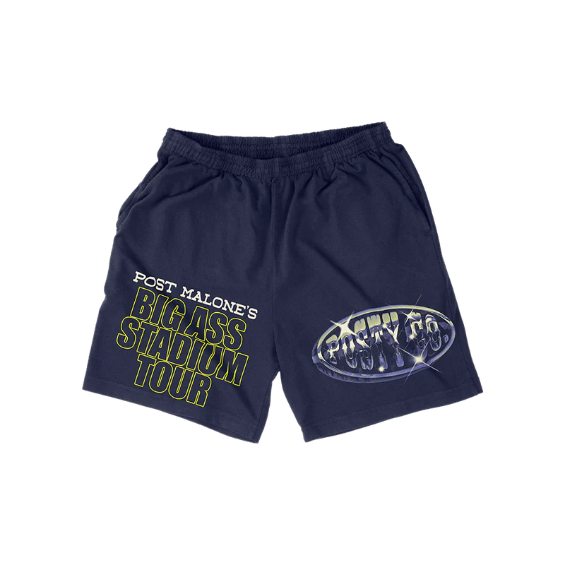 Navy Post Malone merch shorts with Big Ass Stadium Tour text and Posty Co logo graphic on front streetwear fan apparel
