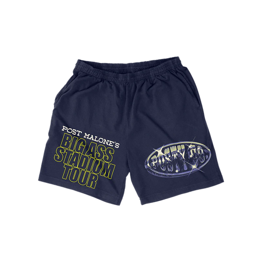 Navy Post Malone merch shorts with Big Ass Stadium Tour text and Posty Co logo graphic on front streetwear fan apparel