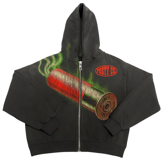 Black Post Malone zip up hoodie featuring smoking shotgun shell graphic and Stoney Hunting Club Posty Co logo design