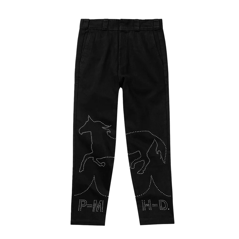 Black Post Malone merch denim pants featuring rhinestone horse graphics and western inspired streetwear front design.